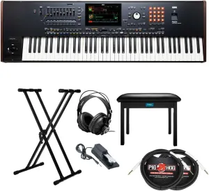 Korg 76-Key Pa5X Professional Arranger Bundle with Adjustable Keyboard Stand, Flip-Top Bench, Closed-Back Headphones, Sustain Pedal, and 1/4 Inch TS Cables (7 Items)