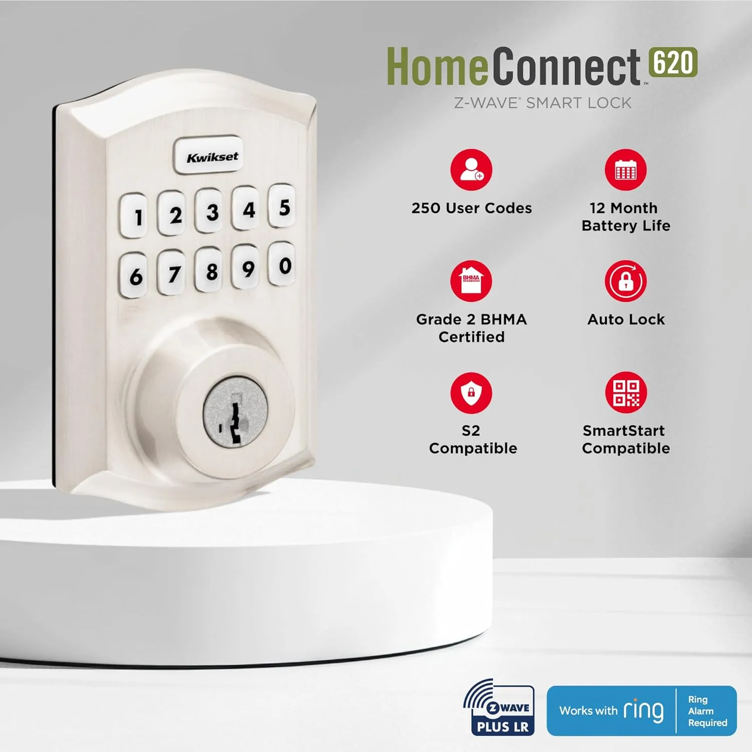Kwikset HomeConnect 620 Z-Wave Long Range Enabled Keypad Smart Lock with Convenient Keyless Entry, Customizable User Codes, S2 Security and SmartStart Provisioning Satin Nickel Traditional