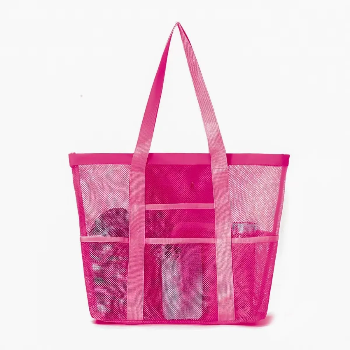 Large Capacity Toy Storage Bag - 8 Pockets Handheld Shoulder Beach Bag for Bathroom and Bath Toys(Rose)
