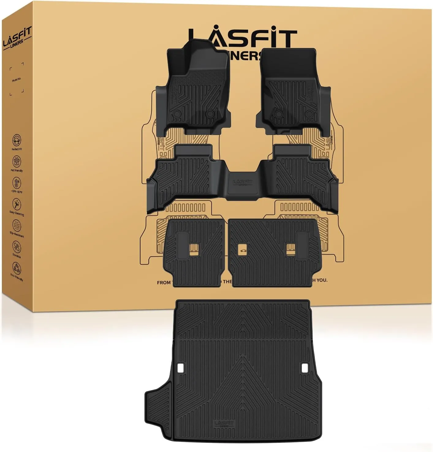 LASFIT Floor Mats for Toyota 4Runner 2025 5 Seats(Not fit Hybrid) wtih Trunk mat&backrest mat, All Weather TPE Custom Fit Floor Liner for 4 Runner SR5/TRD/Limited 6th gen Front&Rear Car Mats, Black