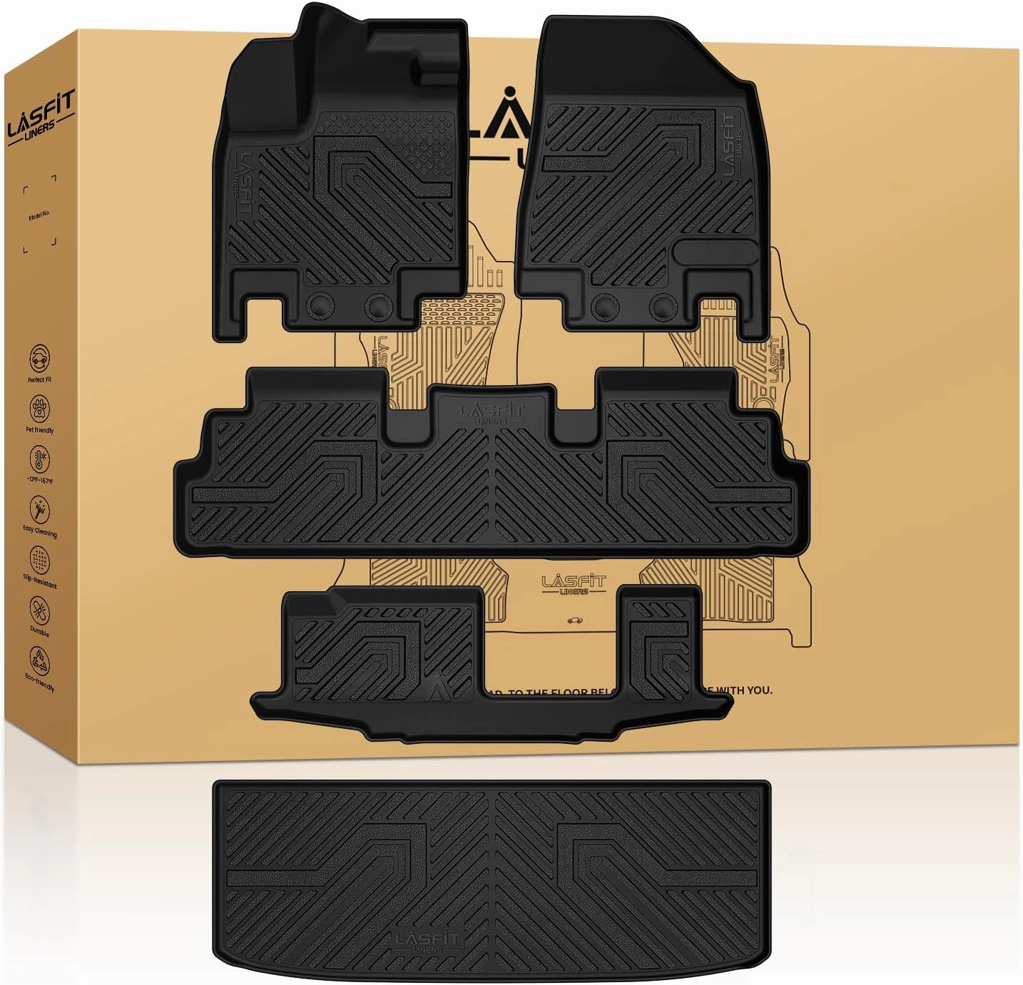 LASFIT Floor Mats & Cargo Mat for Nissan Pathfinder 2022-2025 Only Fit 8-Seater (Not fit 7 Seats), All Weather TPE Custom Fit Durable Floor Liners for Pathfinder sv/sl/Platinum Car Mats & Trunk Mats