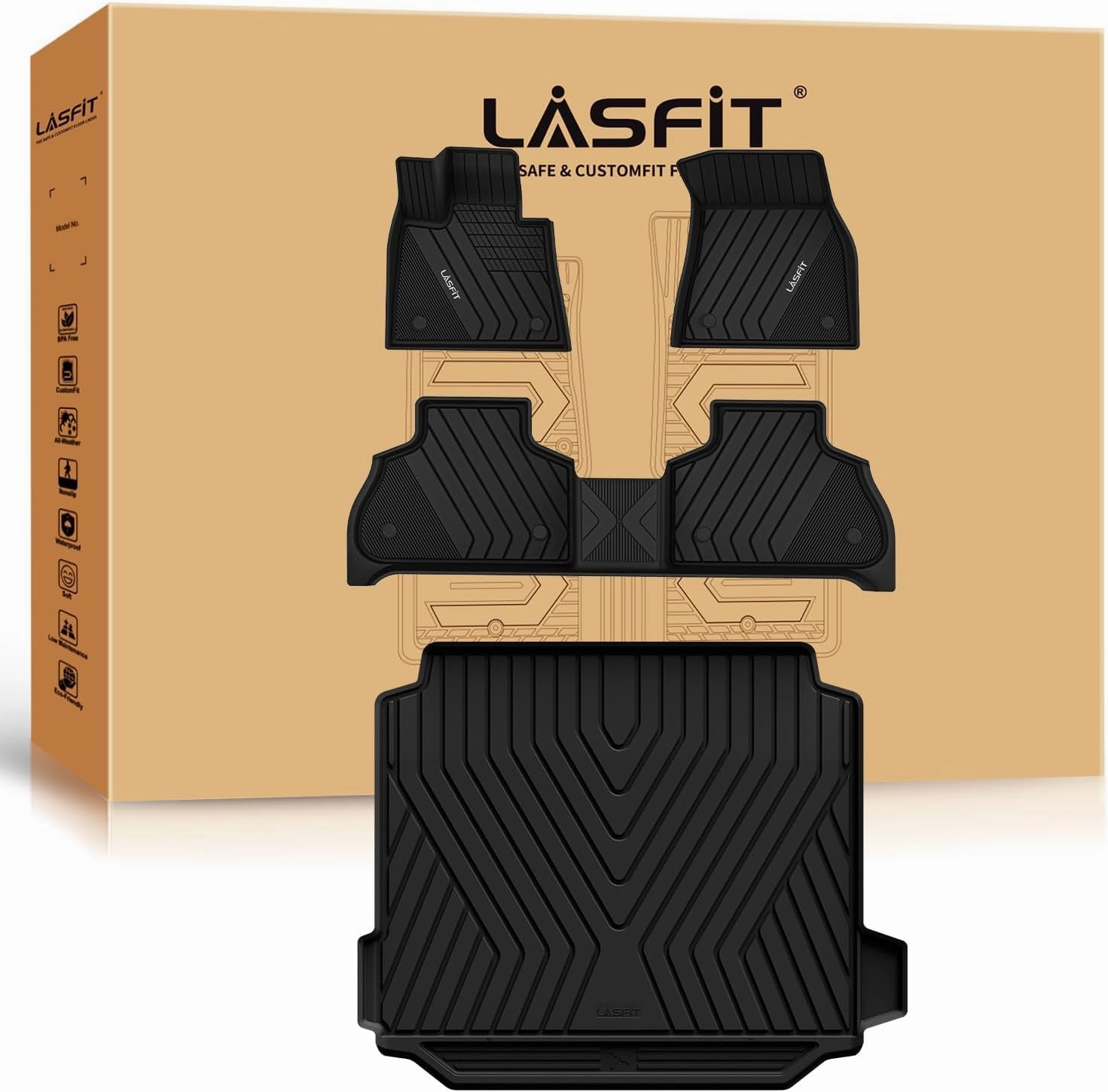 LASFIT Floor Mats&Trunk Mat Fit for BMW X5 2019-2024 2025 2026 40i/45e/50e/50i/M/M50i/M60i, All Weather TPE Custom Fit 1st&2nd Row Full Set Car Mats & Cargo Liner(Only for 5 Passengers), Black