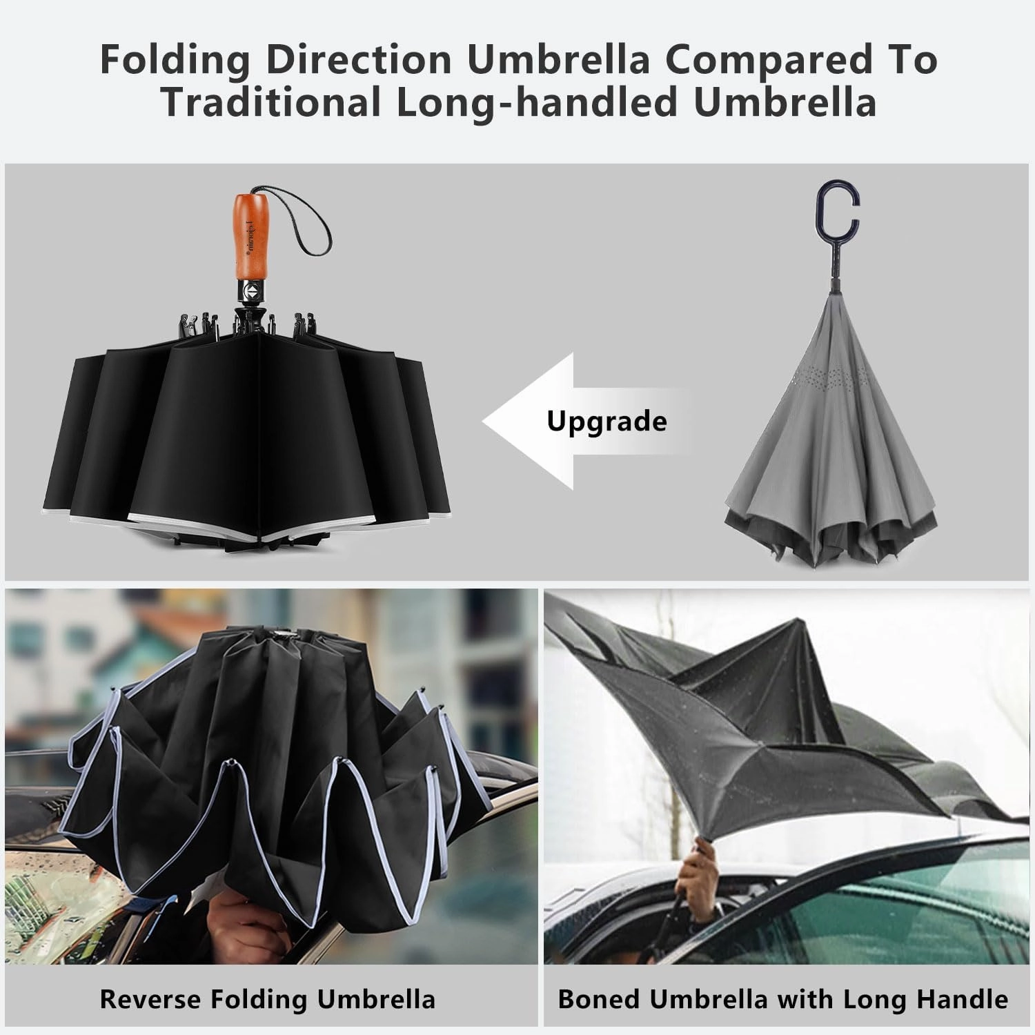 Lejorain Golf Large Inverted Umbrella - Black Big Windproof Heavy Duty Upside Down 54in Compact Car Automatic Folding Reflective Umbrella