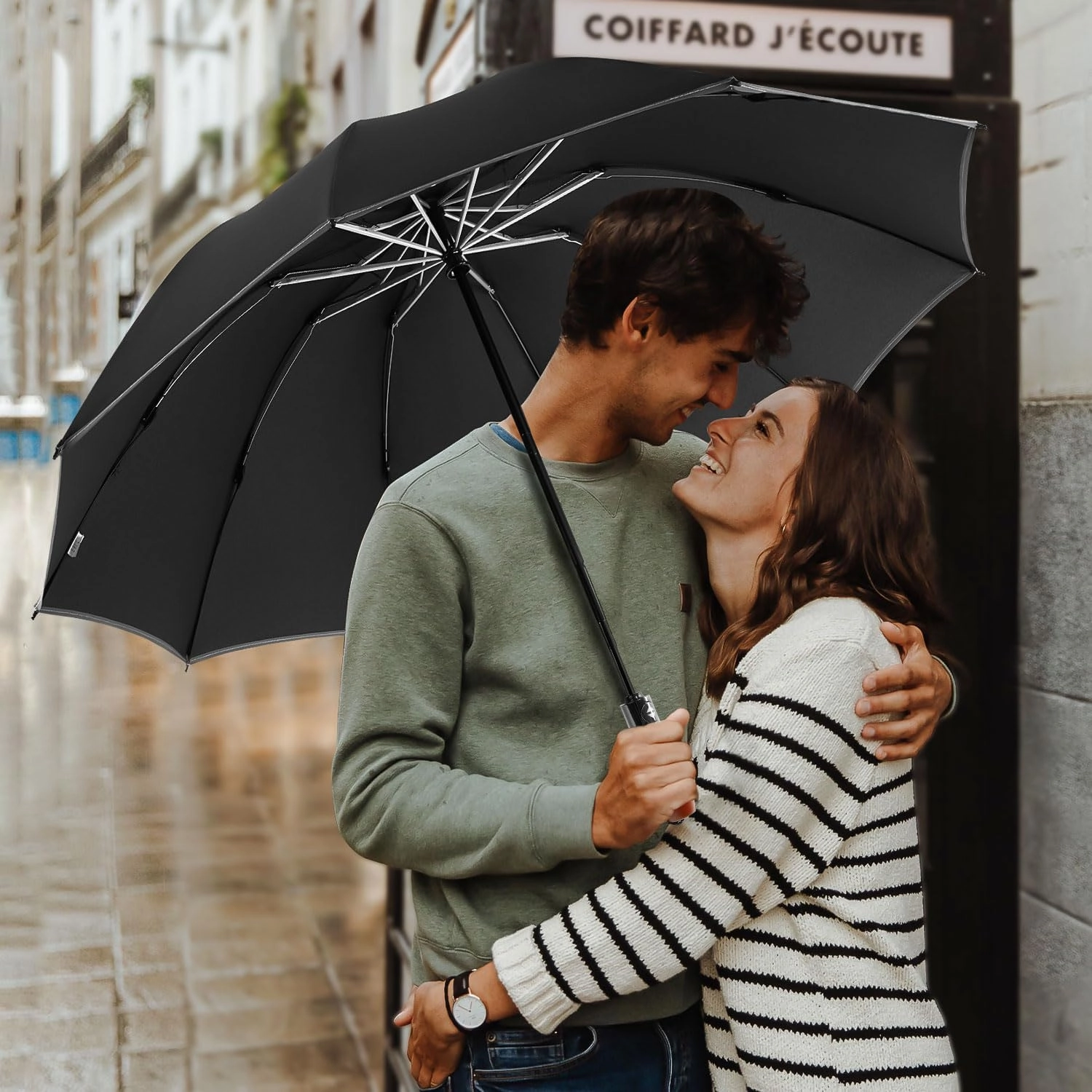 Lejorain Golf Large Inverted Umbrella - Black Big Windproof Heavy Duty Upside Down 54in Compact Car Automatic Folding Reflective Umbrella