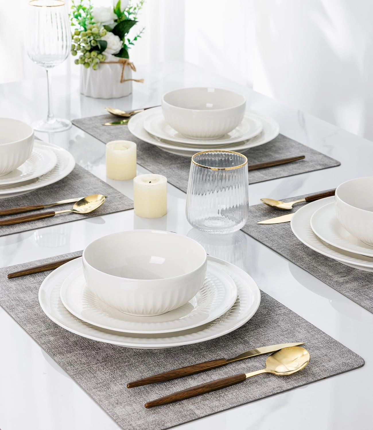 LERATIO Ceramic Dinnerware Sets,Handcraft Plates and Bowls Sets,Highly Chip and Crack Resistant | Dishwasher & Microwave & Oven Safe Dishes set,Service for 4 (12pc)-lucent White