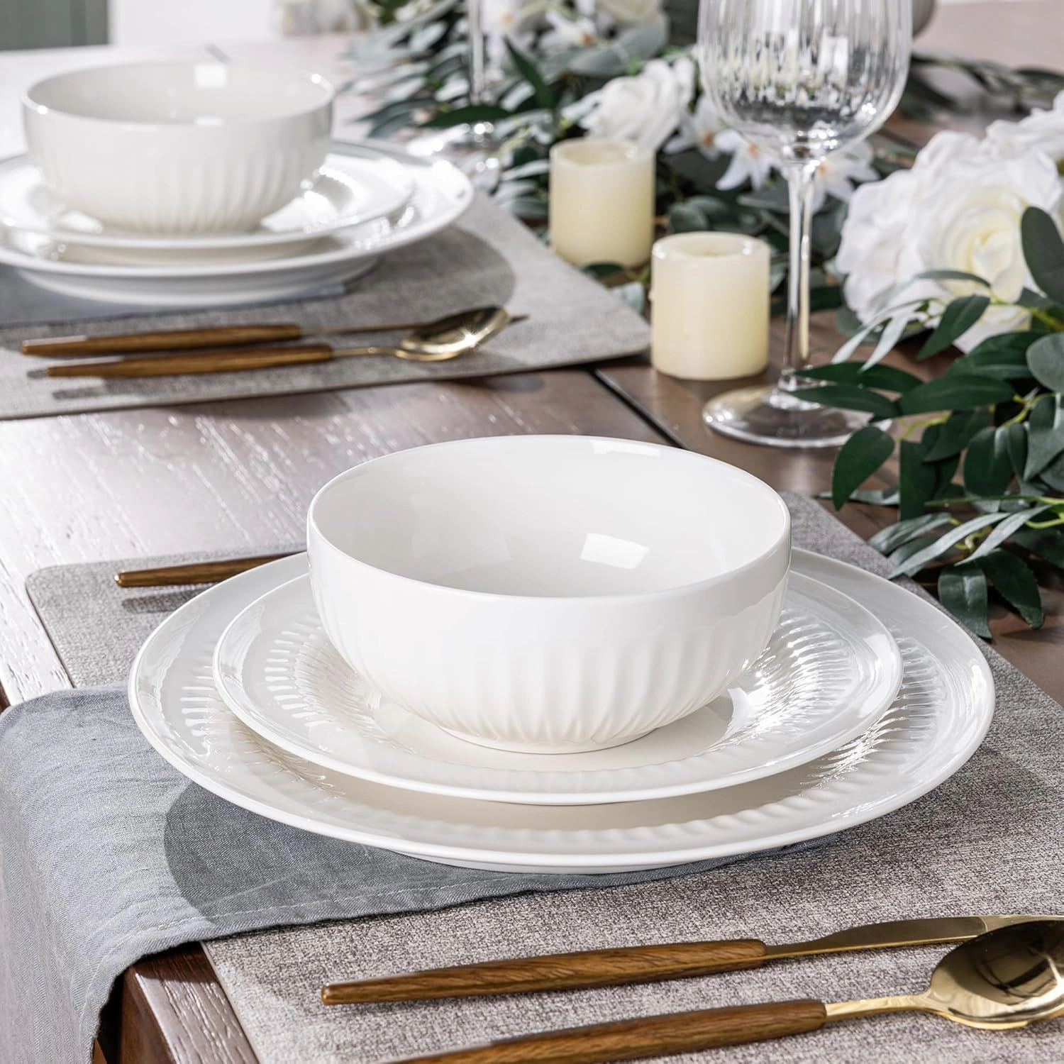 LERATIO Ceramic Dinnerware Sets,Handcraft Plates and Bowls Sets,Highly Chip and Crack Resistant | Dishwasher & Microwave & Oven Safe Dishes set,Service for 4 (12pc)-lucent White
