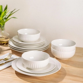 LERATIO Ceramic Dinnerware Sets,Handcraft Plates and Bowls Sets,Highly Chip and Crack Resistant | Dishwasher & Microwave & Oven Safe Dishes set,Service for 4 (12pc)-lucent White