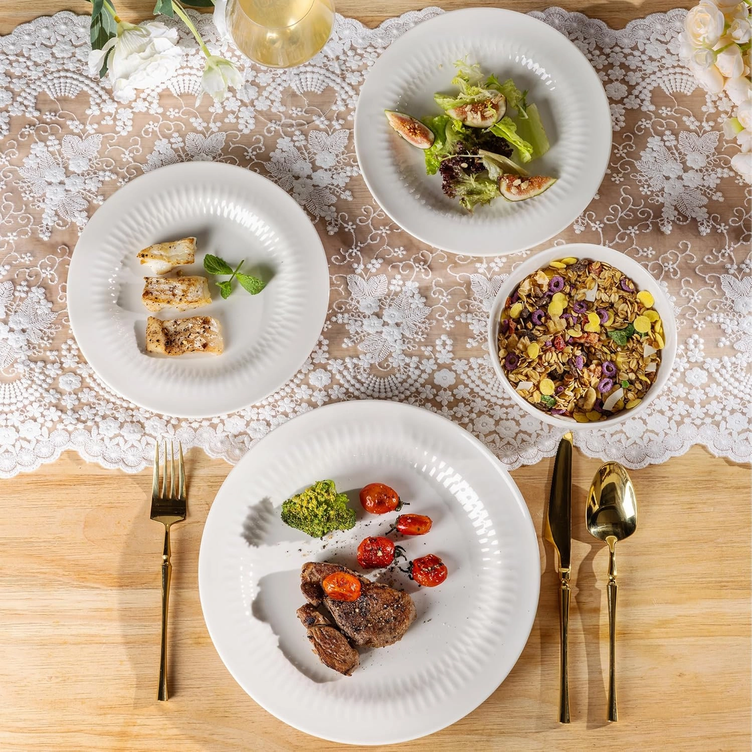 LERATIO Ceramic Dinnerware Sets,Handcraft Plates and Bowls Sets,Highly Chip and Crack Resistant | Dishwasher & Microwave & Oven Safe Dishes set,Service for 4 (12pc)-lucent White