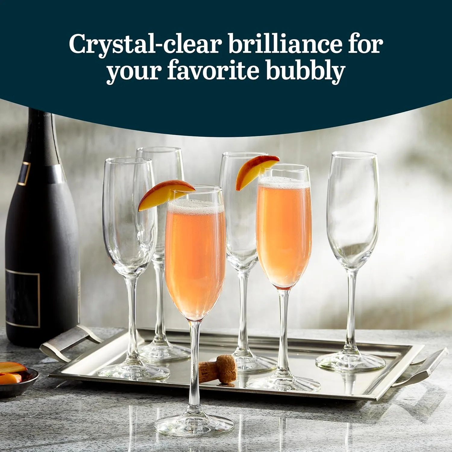 Libbey Champagne Flutes Set, 8 oz Elegant Stemmed Flute Glasses Set of 6, Dishwasher Safe Sparkling Wine Mimosa Glasses for Parties