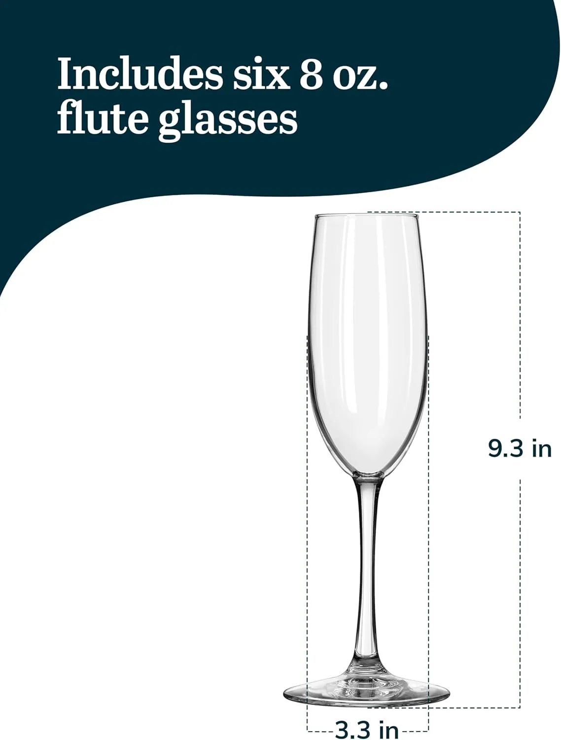 Libbey Champagne Flutes Set, 8 oz Elegant Stemmed Flute Glasses Set of 6, Dishwasher Safe Sparkling Wine Mimosa Glasses for Parties