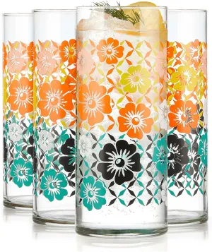 Libbey Vintage Flower Drinking Glasses Set of 4, Colorful, Retro Floral Design Glass Cups Set, Dishwasher Safe Water Glasses Set for Beverages