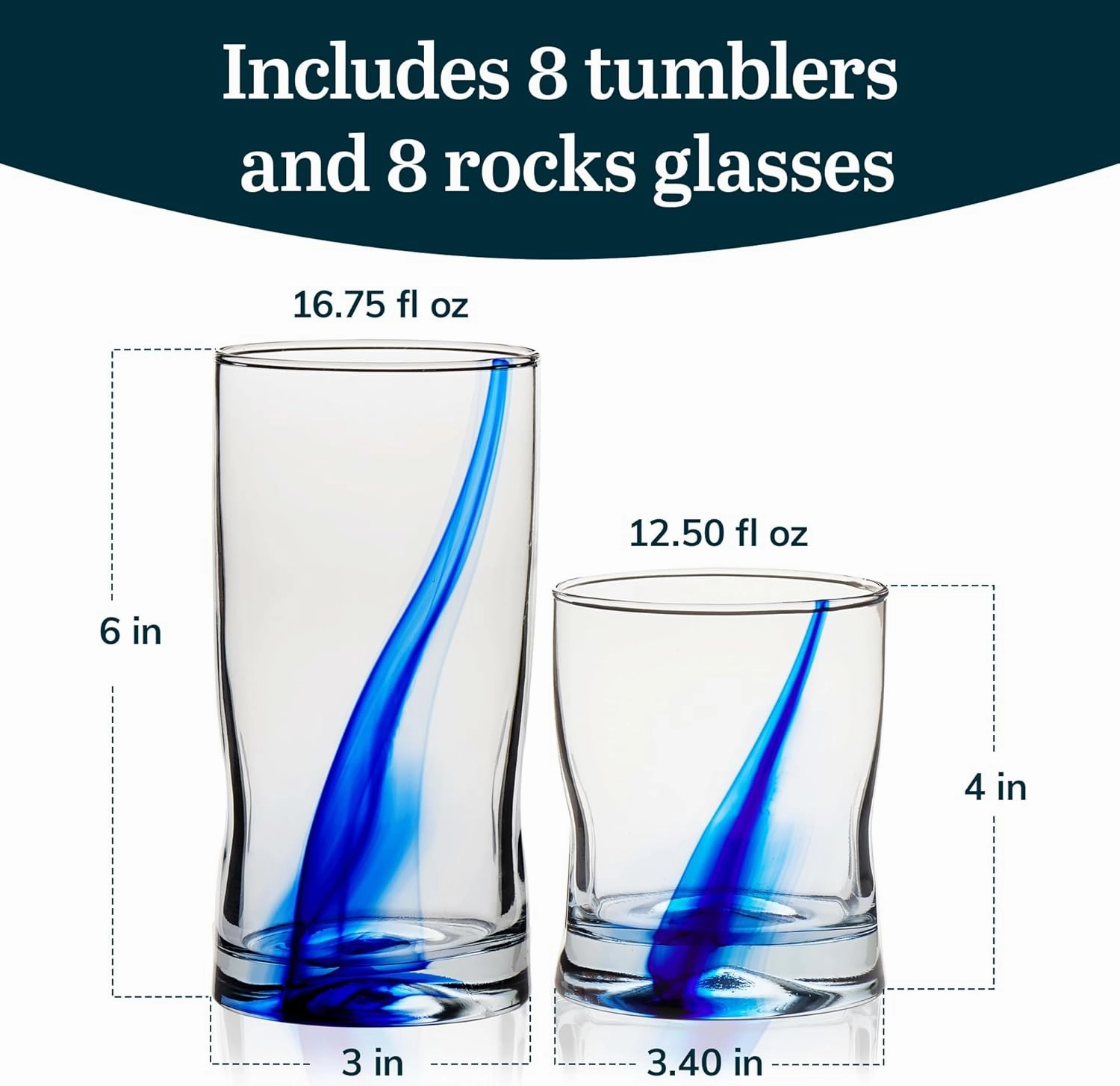 Libbey 99104 Blue Ribbon Tumbler and Rocks Glass Set, (Set of 16 Piece) Drinkware Glasses Set, Clear Dishwasher Safe Rock and Tumbler Glasses Set