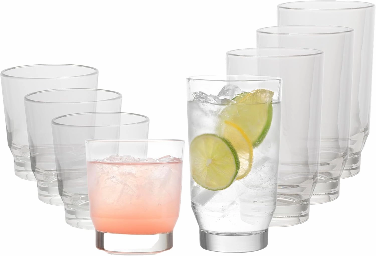 Libbey Merida Mixed Drinkware Set of 8, Merida Cooler Glass Tumblers and Double Old Fashioned Rocks Glass Set, Dishwasher Safe Glassware Drinking Glasses Set
