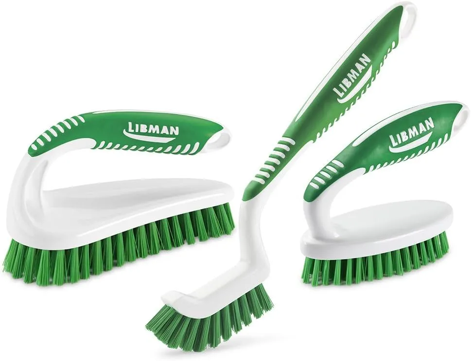 Libman Scrub Brush Kit – Three Different Durable Brushes for Grout, Tile, Bathroom, Kitchen. Easy to Handle, Strong Fibers for Tough Messes – Family Made in the USA, Unisex Lot 2406