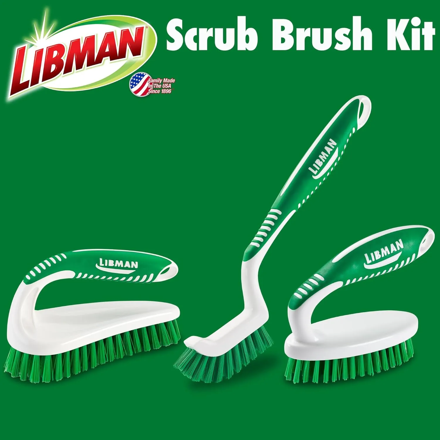 Libman Scrub Brush Kit – Three Different Durable Brushes for Grout, Tile, Bathroom, Kitchen. Easy to Handle, Strong Fibers for Tough Messes – Family Made in the USA, Unisex Lot 2406