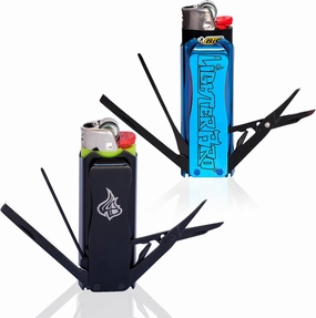 LighterBro Lighter Sleeve - Multi-Tool - 420 Stainless Steel - Easily Fits Your Favorite Lighters - Includes Mini Knife, Ruler, Scissors, Screwdriver, Poker, Key Ring & More (Stealth/Blue Steel)