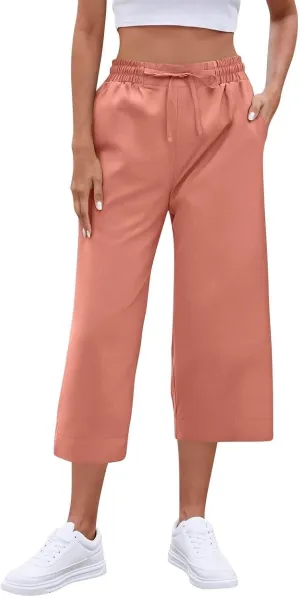 Lightweight Wide Leg Cropped Pants Linen Cropped Wide Leg Elastic Waist Casual Palazzo Trousers with Pockets