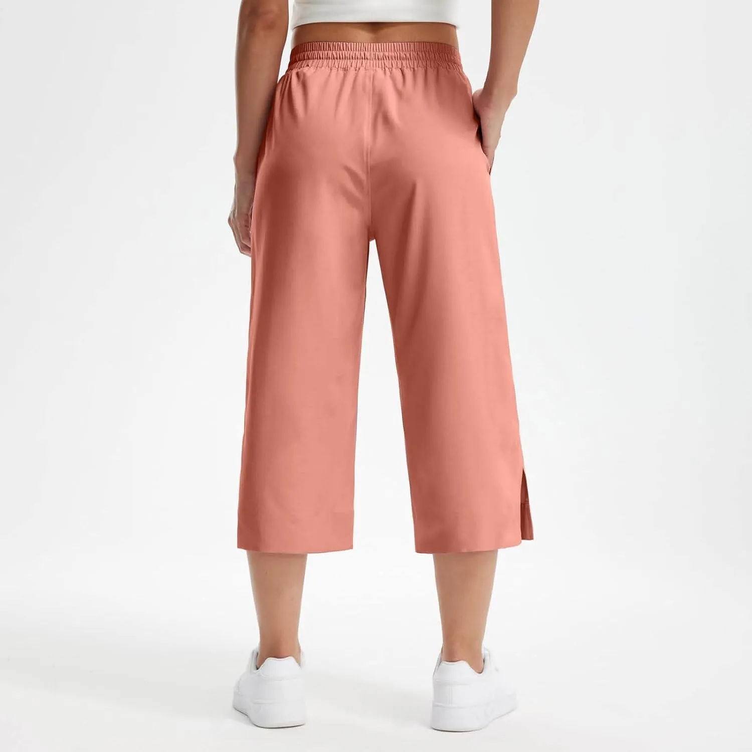 Lightweight Wide Leg Cropped Pants Linen Cropped Wide Leg Elastic Waist Casual Palazzo Trousers with Pockets