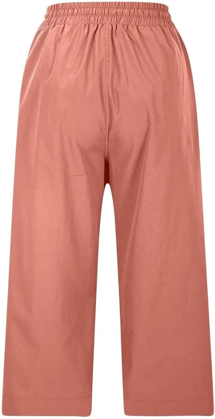 Lightweight Wide Leg Cropped Pants Linen Cropped Wide Leg Elastic Waist Casual Palazzo Trousers with Pockets
