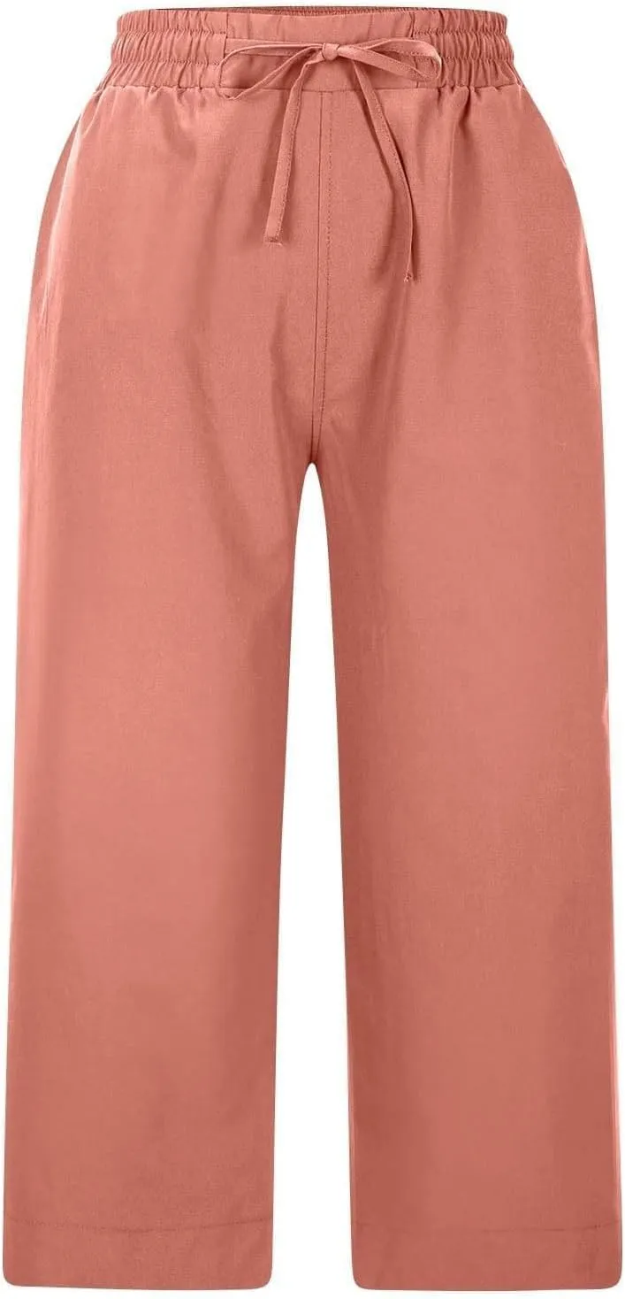 Lightweight Wide Leg Cropped Pants Linen Cropped Wide Leg Elastic Waist Casual Palazzo Trousers with Pockets