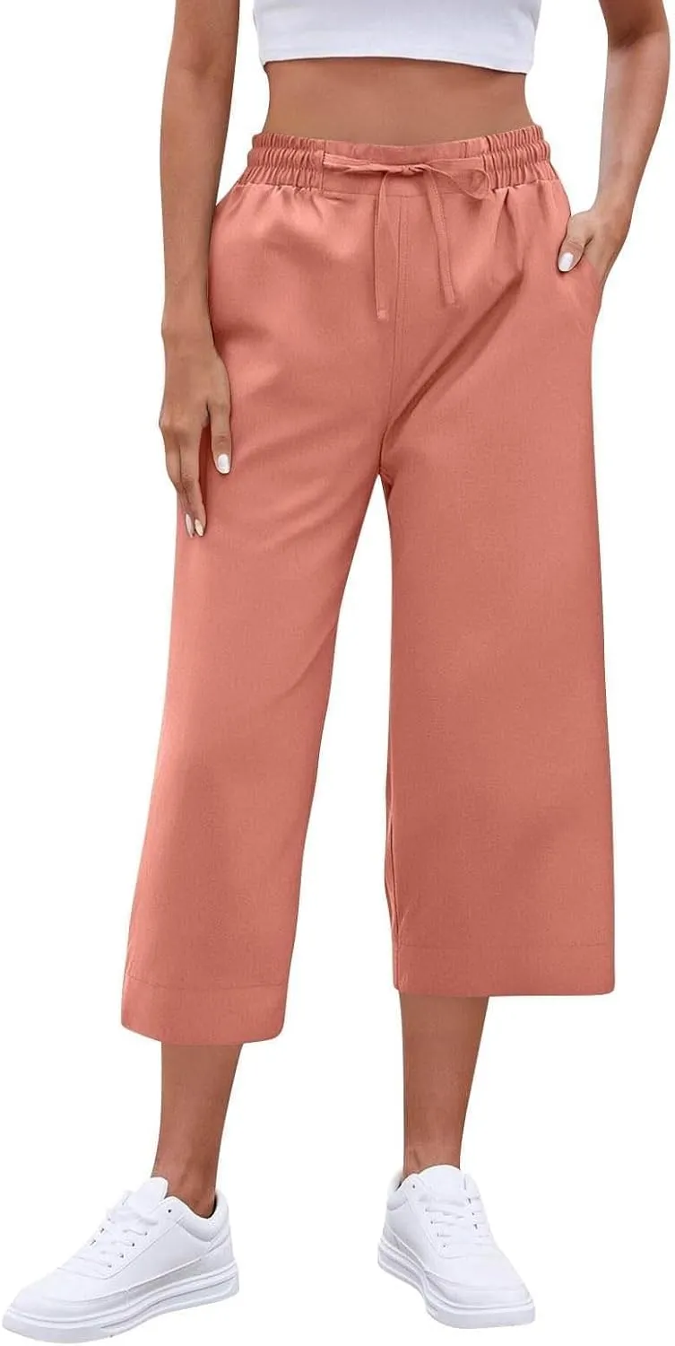 Lightweight Wide Leg Cropped Pants Linen Cropped Wide Leg Elastic Waist Casual Palazzo Trousers with Pockets