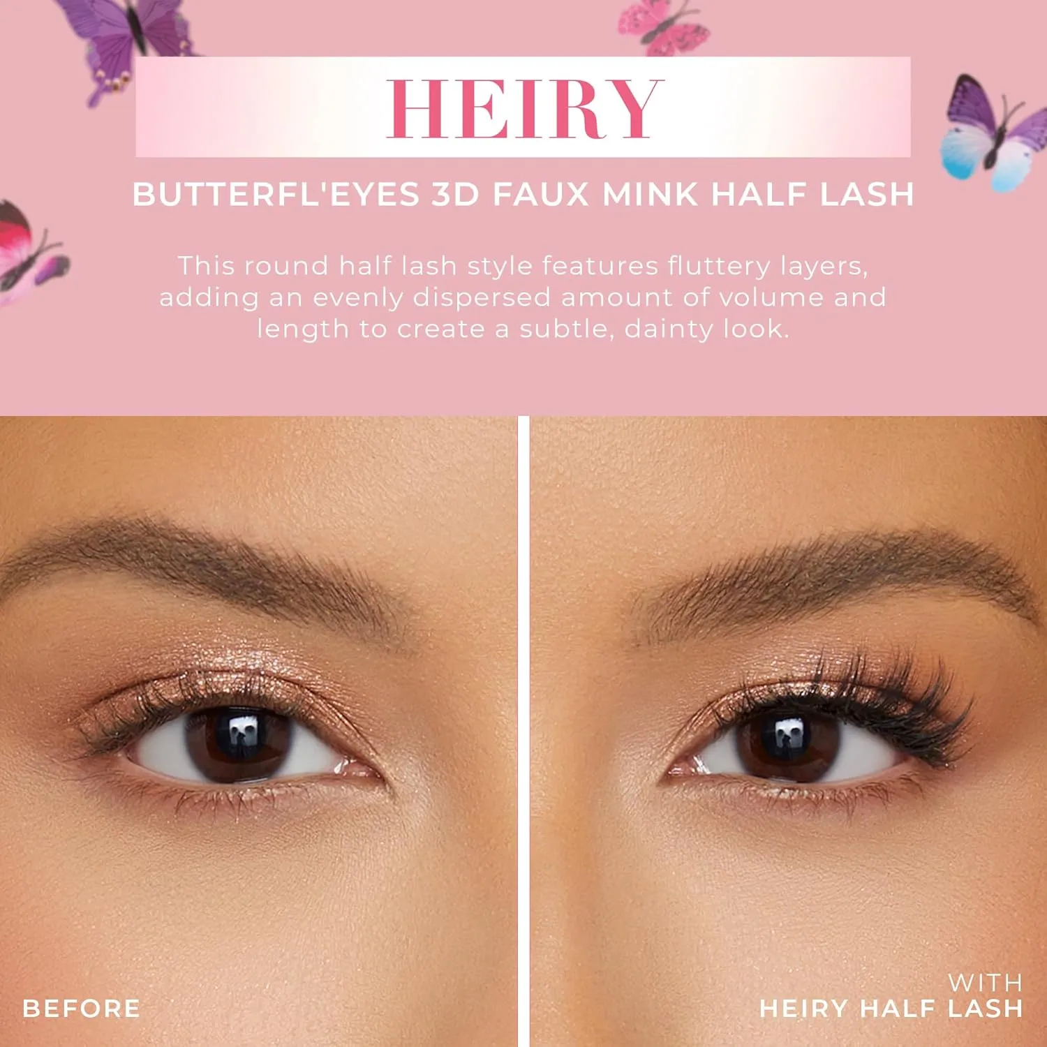 Lilly Lashes Butterfl'eyes Faux Mink Lashes, Half Lashes Natural Look & Feel, False & Reusable Eyelashes 20x, No Trimming   Easy to Apply, Round Style, Lash Glue not Included, 13mm (Heiry)