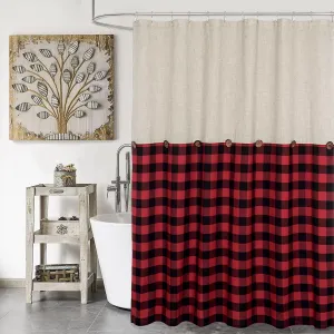 Linen Button Farmhouse Shower Curtain,Linen and Cotton Fabric,Pleated Black and Red Buffalo Plaid Checked Pattern,Country Style,72x72 in