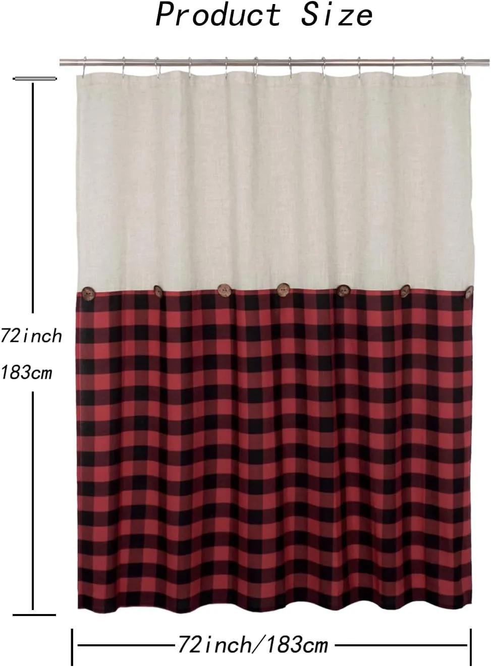 Linen Button Farmhouse Shower Curtain,Linen and Cotton Fabric,Pleated Black and Red Buffalo Plaid Checked Pattern,Country Style,72x72 in