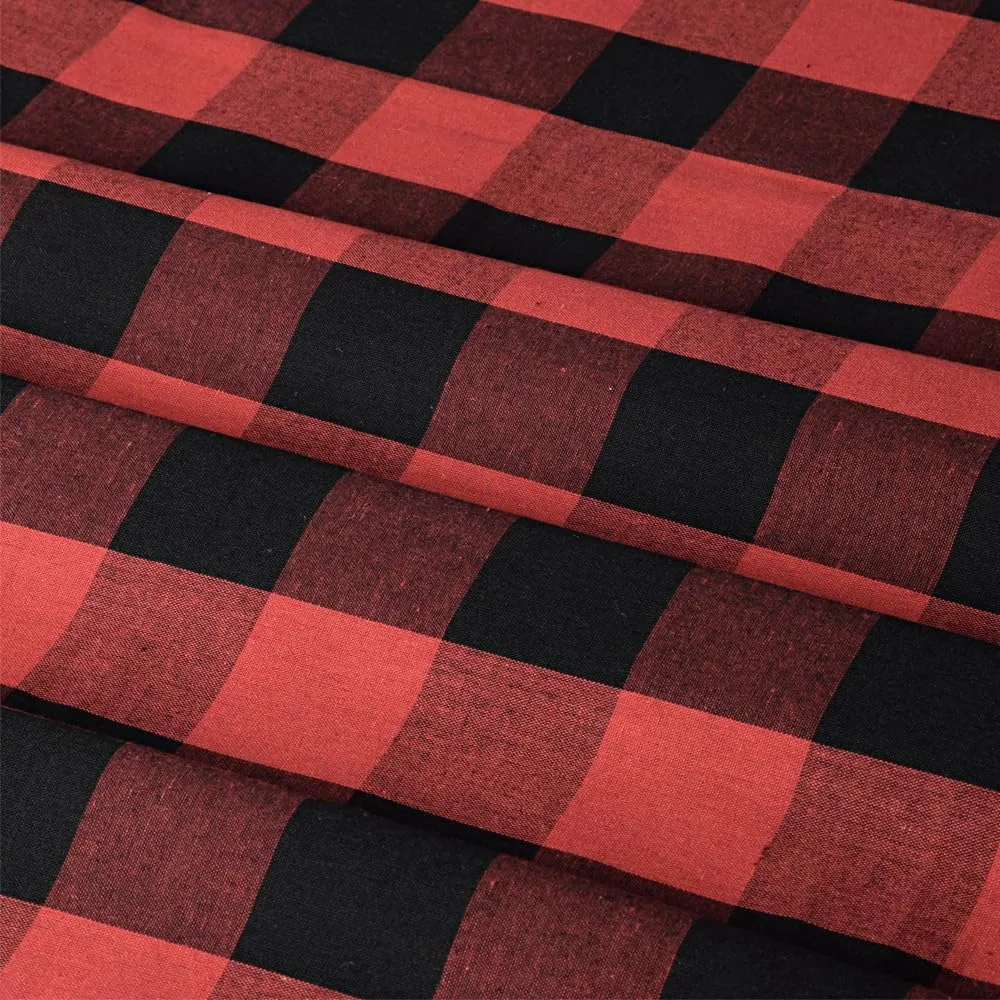 Linen Button Farmhouse Shower Curtain,Linen and Cotton Fabric,Pleated Black and Red Buffalo Plaid Checked Pattern,Country Style,72x72 in