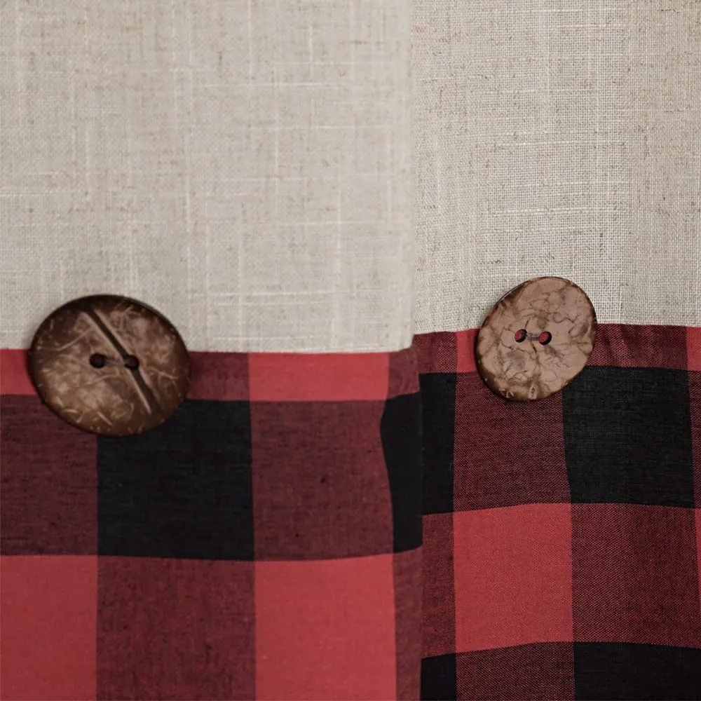 Linen Button Farmhouse Shower Curtain,Linen and Cotton Fabric,Pleated Black and Red Buffalo Plaid Checked Pattern,Country Style,72x72 in