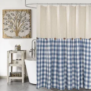 Linen Button Farmhouse Shower Curtain,Linen and Cotton Fabric,Pleated Blue and White Buffalo Plaid Checked Pattern,Country Style,72x72 in