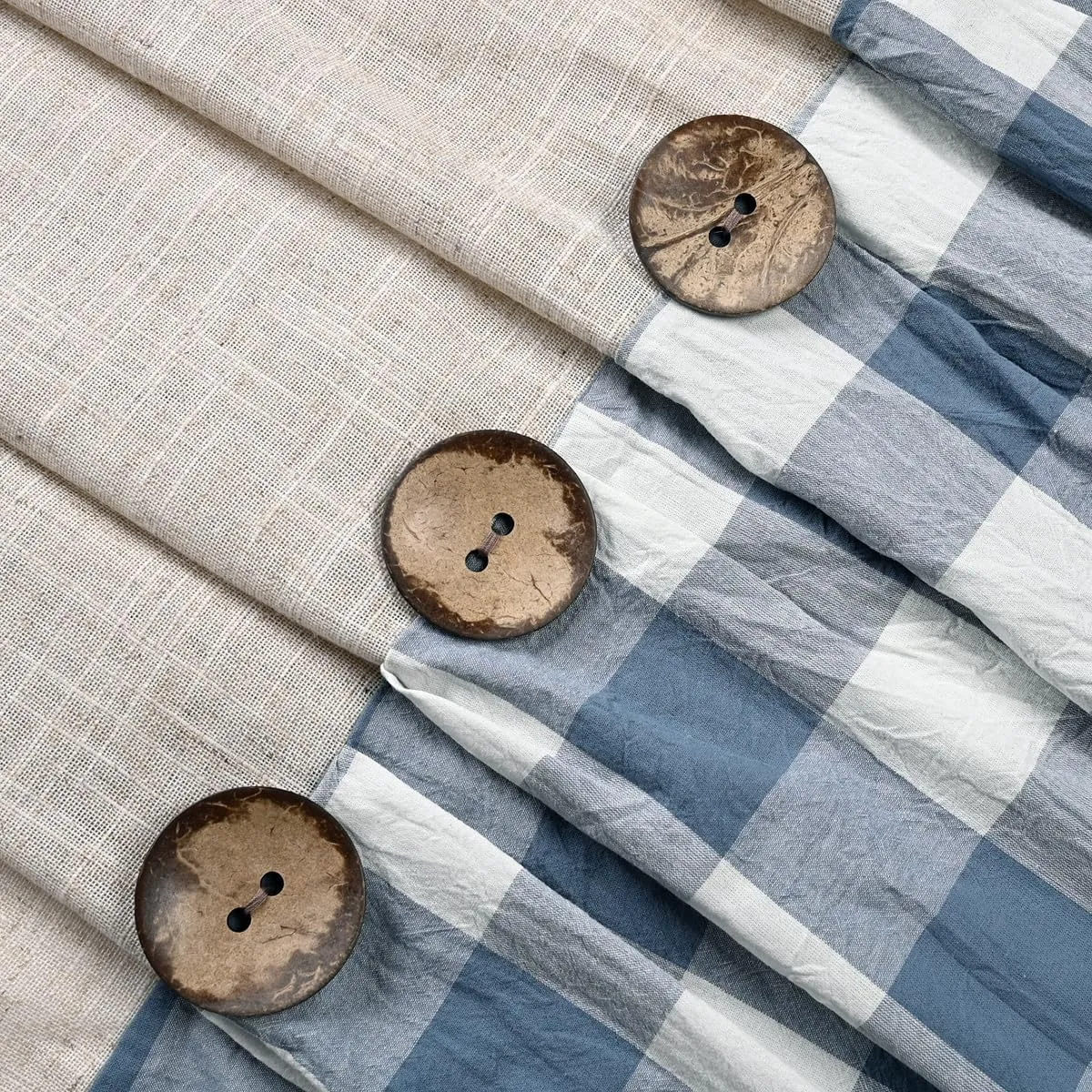 Linen Button Farmhouse Shower Curtain,Linen and Cotton Fabric,Pleated Blue and White Buffalo Plaid Checked Pattern,Country Style,72x72 in