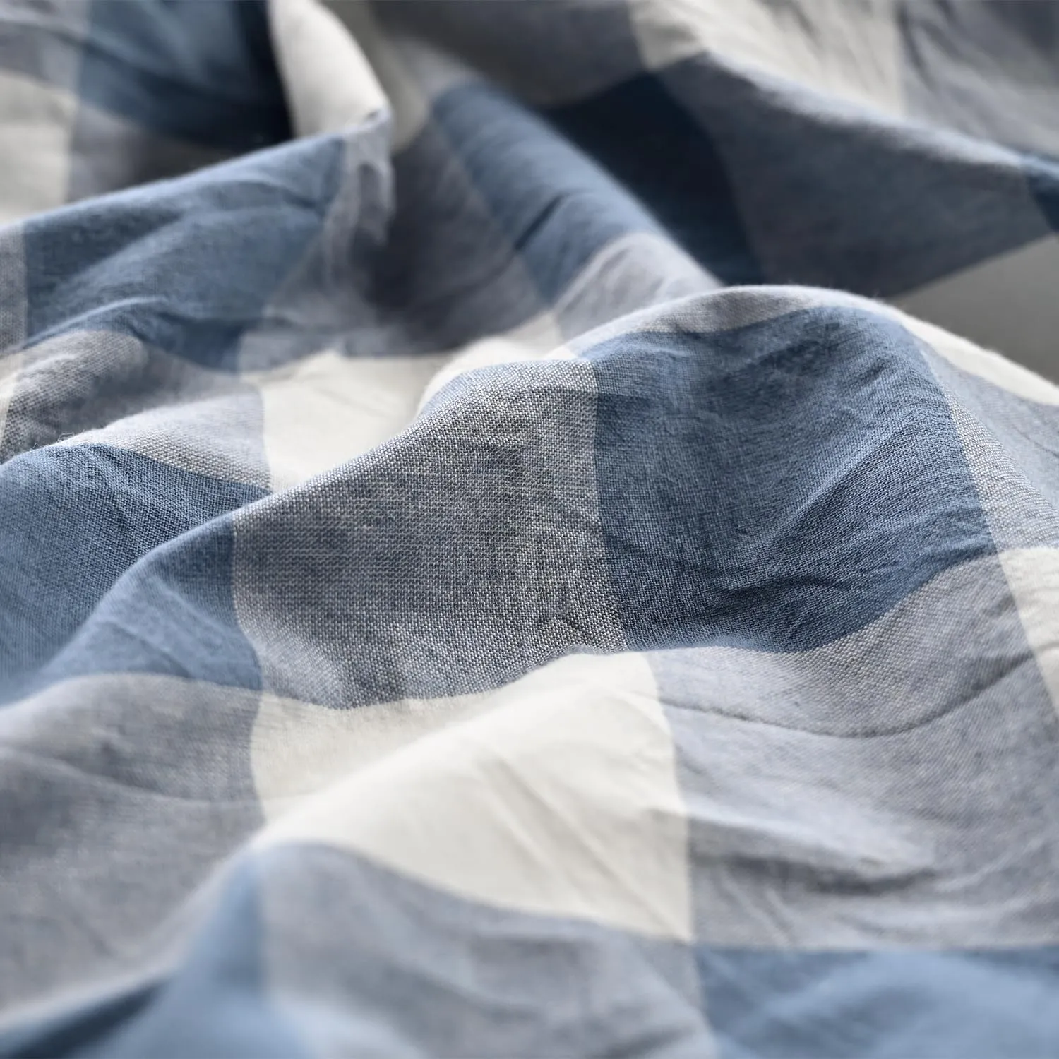 Linen Button Farmhouse Shower Curtain,Linen and Cotton Fabric,Pleated Blue and White Buffalo Plaid Checked Pattern,Country Style,72x72 in