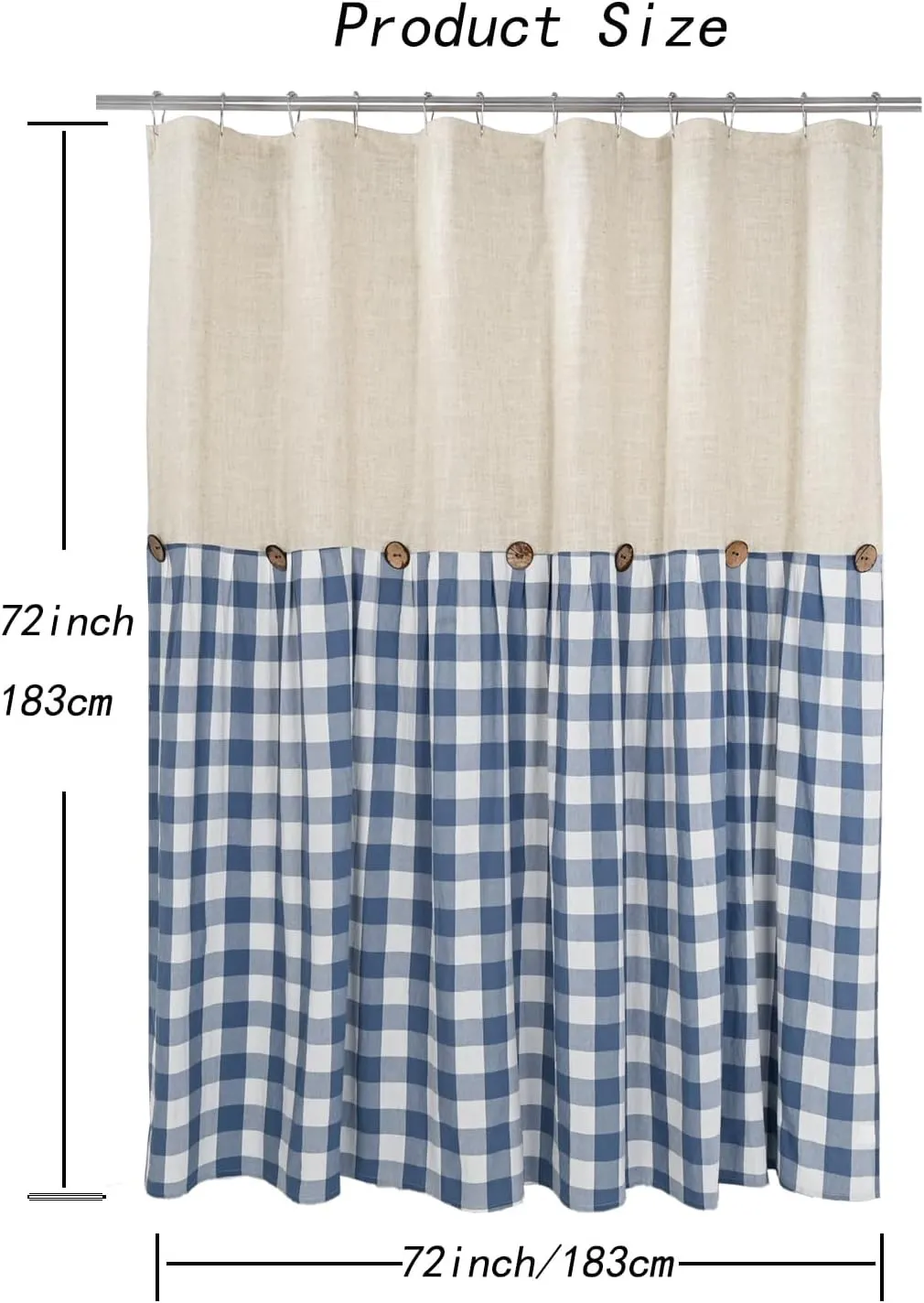 Linen Button Farmhouse Shower Curtain,Linen and Cotton Fabric,Pleated Blue and White Buffalo Plaid Checked Pattern,Country Style,72x72 in