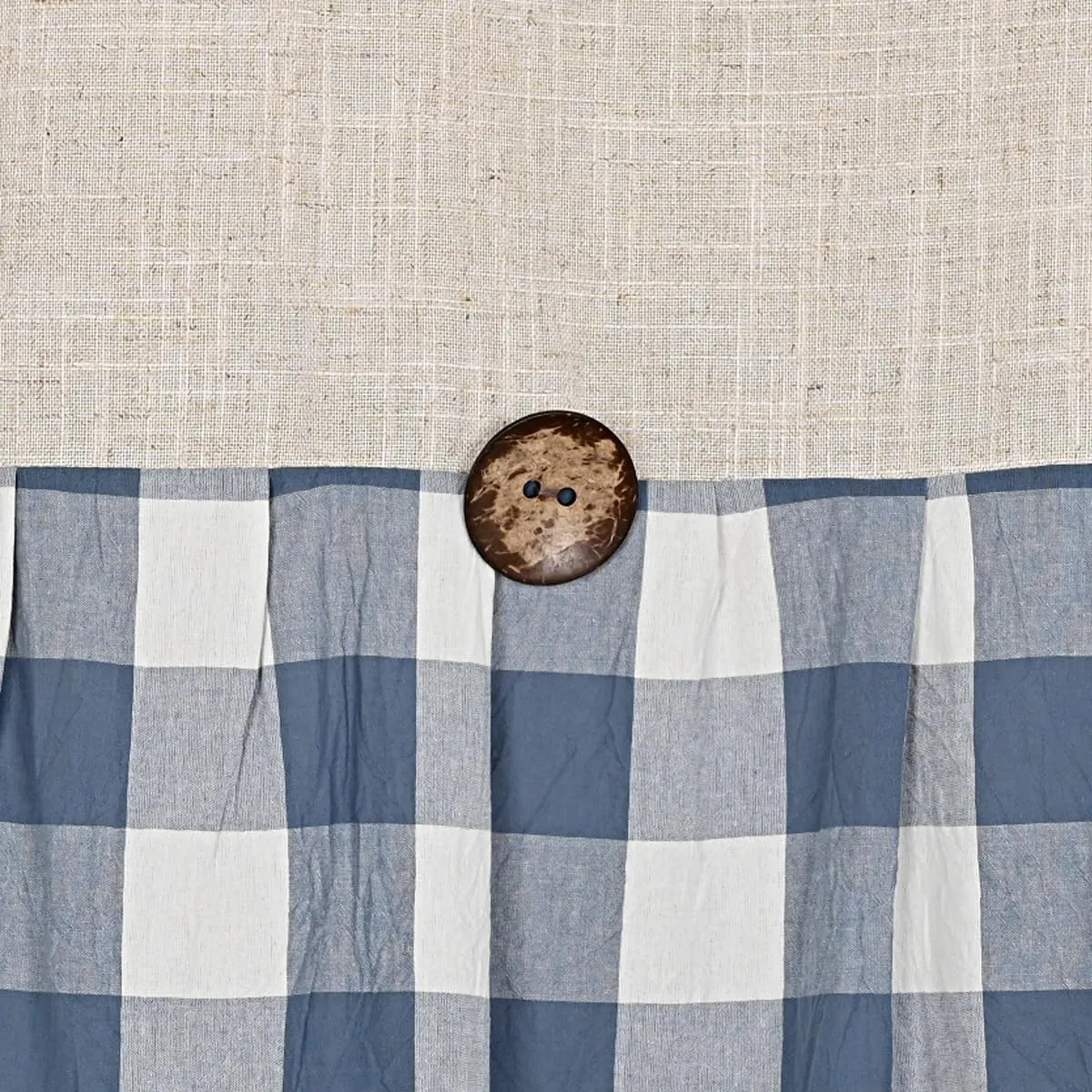 Linen Button Farmhouse Shower Curtain,Linen and Cotton Fabric,Pleated Blue and White Buffalo Plaid Checked Pattern,Country Style,72x72 in
