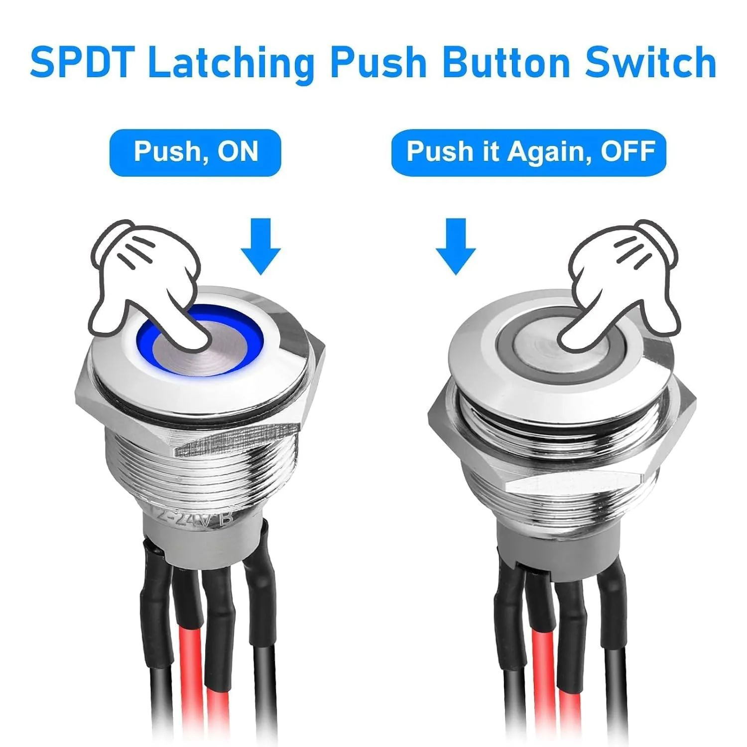 Linkstyle 19mm Latching Push Button Switch, 12V Metal Self Locking SPST ON-Off Switch with Wiring Harness & Blue Light for Boat Car, 5Pcs
