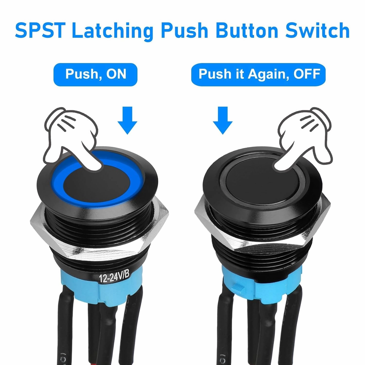 Linkstyle 5Pcs 19mm Push Button Switch, 12V Metal SPST 4 Pin ON-Off Self Locking Switch with Wiring Harness & LED Light for Car