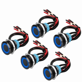 Linkstyle 5Pcs 19mm Push Button Switch, 12V Metal SPST 4 Pin ON-Off Self Locking Switch with Wiring Harness & LED Light for Car