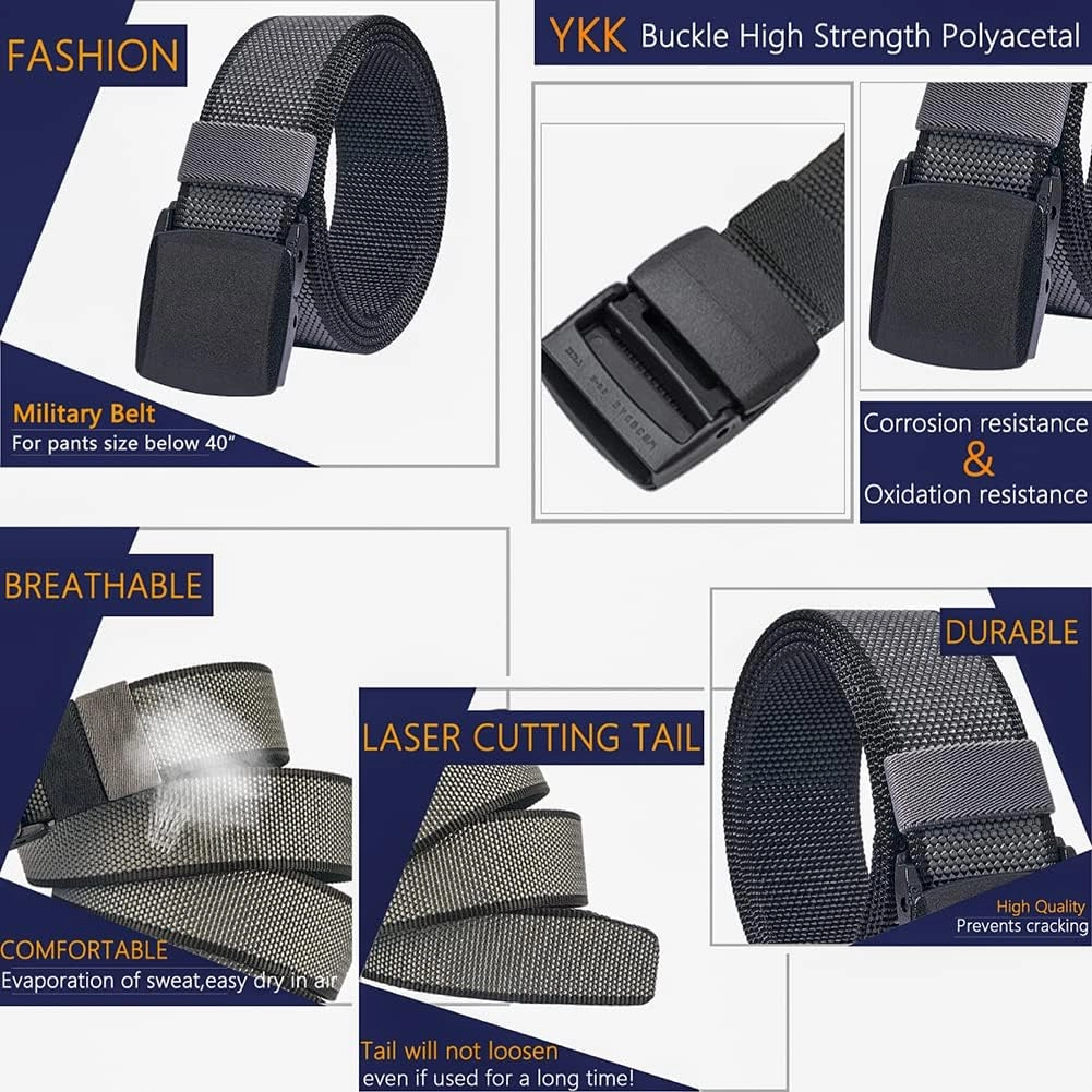 LionVII Mens Casual Belts Web - 2 Colors in 1 Reversible with YKK Plastic Buckle - Adjustable Trim to Fit 27-49" Waist