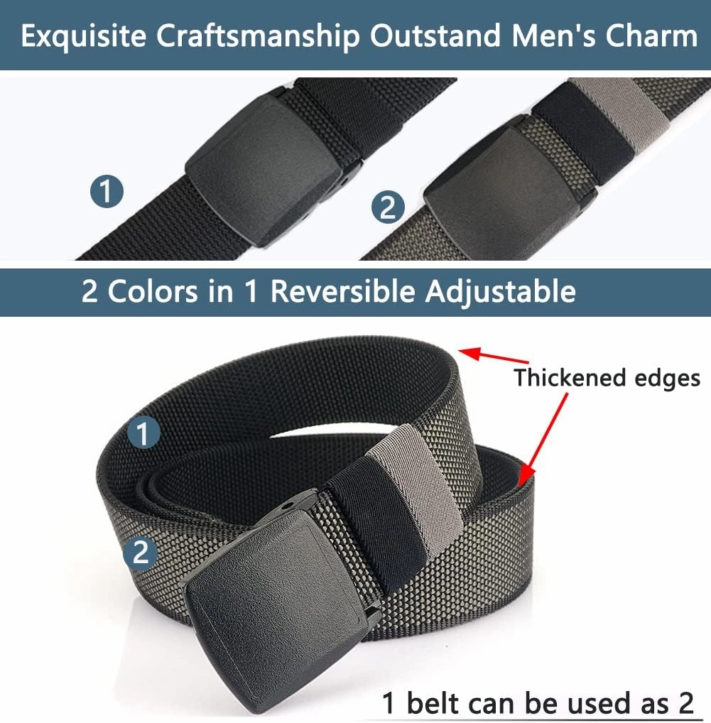 LionVII Mens Casual Belts Web - 2 Colors in 1 Reversible with YKK Plastic Buckle - Adjustable Trim to Fit 27-49" Waist