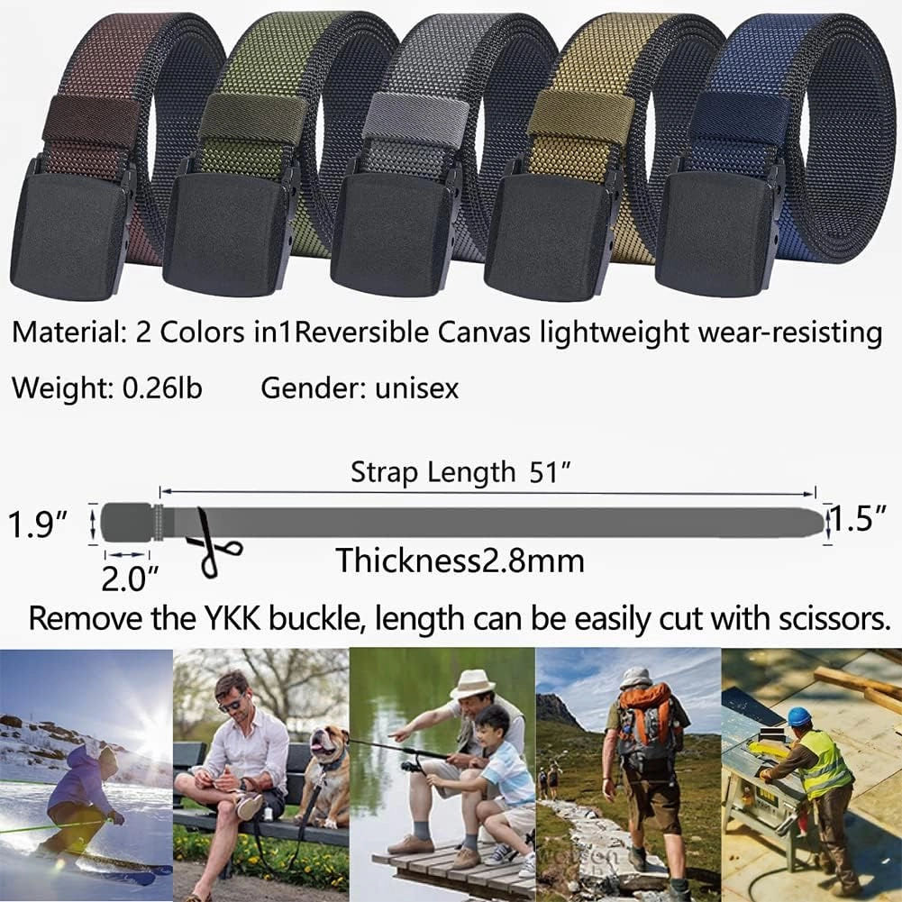 LionVII Mens Casual Belts Web - 2 Colors in 1 Reversible with YKK Plastic Buckle - Adjustable Trim to Fit 27-49" Waist