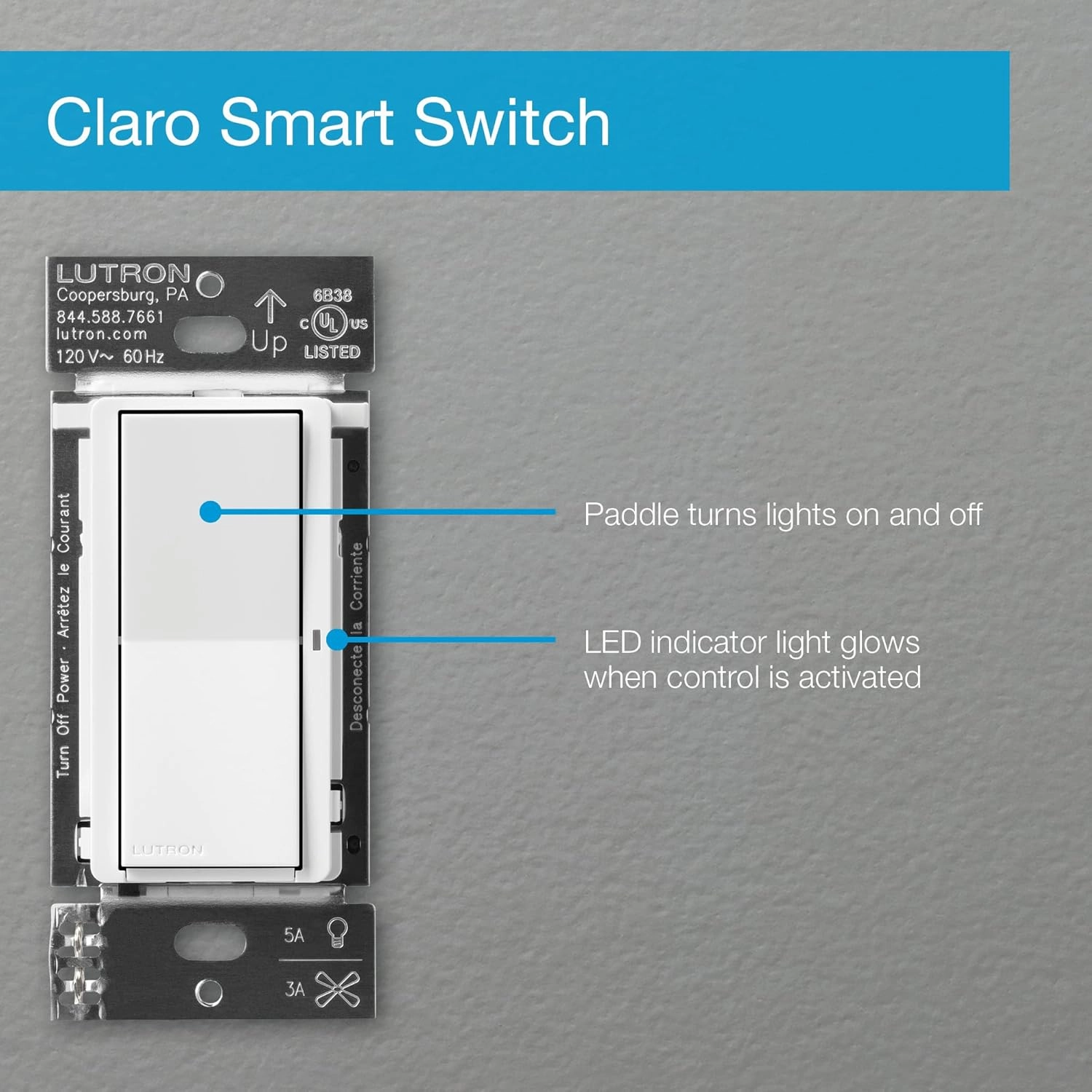 Lutron Claro Smart Switch for Caseta Smart Lighting (Lutron Smart Hub Required), for LED Lights and Fans, 5 Amp, Single-Pole/3-Way, Neutral Required, DVRF-5NS-IV, Ivory