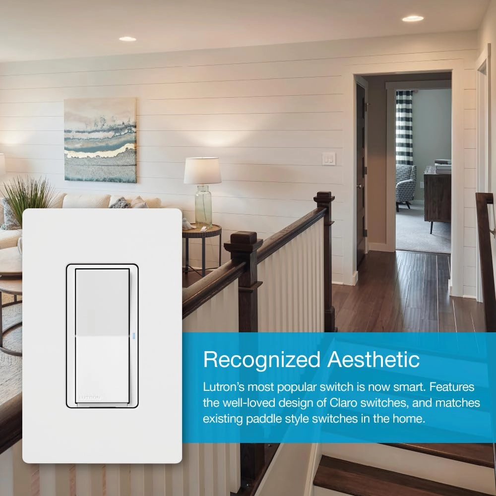 Lutron Claro Smart Switch for Caseta Smart Lighting (Lutron Smart Hub Required), for LED Lights and Fans, 5 Amp, Single-Pole/3-Way, Neutral Required, DVRF-5NS-IV, Ivory