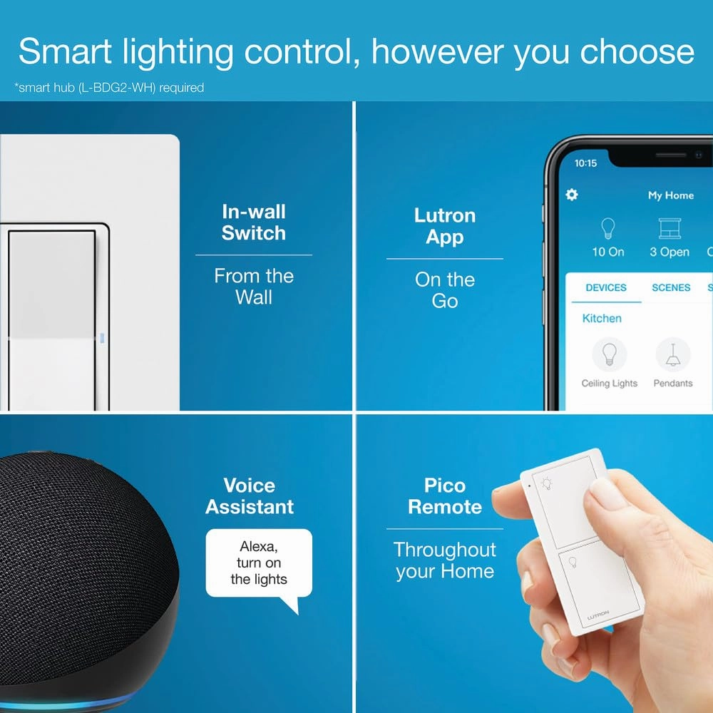 Lutron Claro Smart Switch for Caseta Smart Lighting (Lutron Smart Hub Required), for LED Lights and Fans, 5 Amp, Single-Pole/3-Way, Neutral Required, DVRF-5NS-IV, Ivory