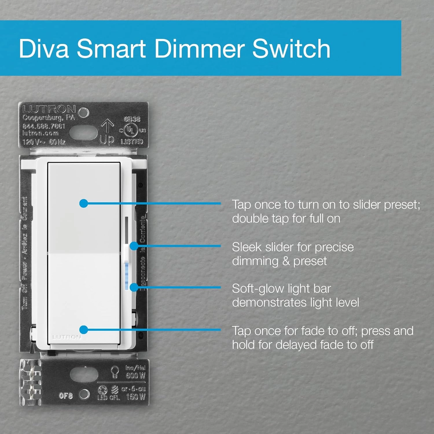 Lutron Diva Smart Dimmer Switch for Caseta Smart Lighting (Lutron Smart Hub Required), for LED Lights, 150 Watt, Single-Pole/3Way, No Neutral Required, DVRF-6LS-WH-2, White, 2 Pack
