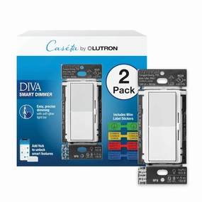 Lutron Diva Smart Dimmer Switch for Caseta Smart Lighting (Lutron Smart Hub Required), for LED Lights, 150 Watt, Single-Pole/3Way, No Neutral Required, DVRF-6LS-WH-2, White, 2 Pack