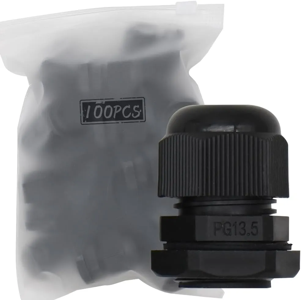 MAKERELE PG13.5 Cable Gland 100PCS Waterproof IP68 Cable Glands Joints，Wire Glands Adjustable Locknut for 6.8mm-12mm with Gaskets，Black, in Bag