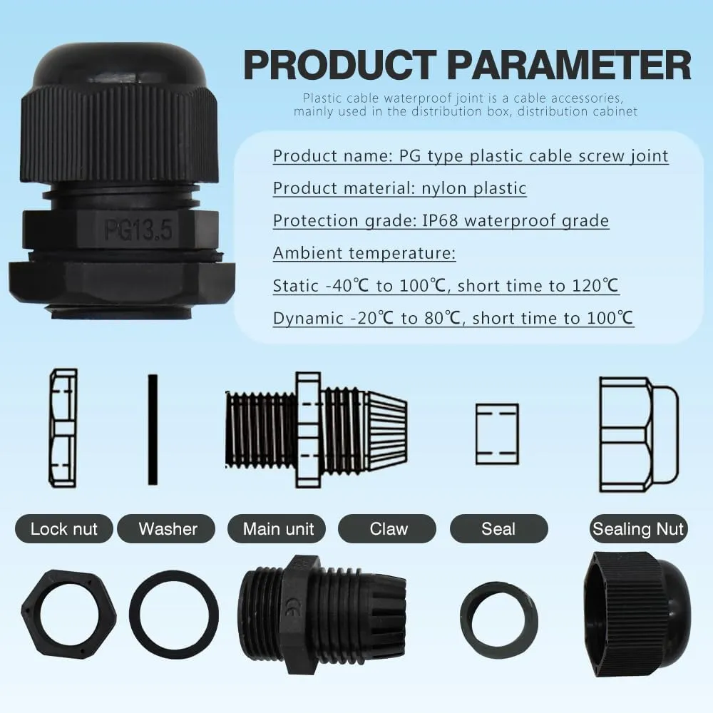 MAKERELE PG13.5 Cable Gland 100PCS Waterproof IP68 Cable Glands Joints，Wire Glands Adjustable Locknut for 6.8mm-12mm with Gaskets，Black, in Bag