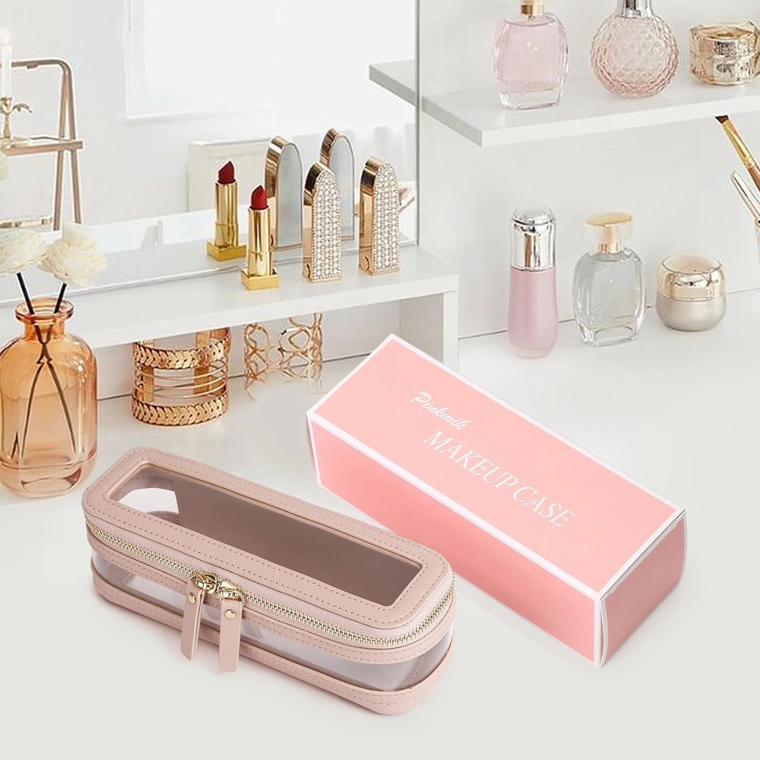 Makeup Brush Case Clear Travel Cosmetic & Toiletry Bag Slim Makeup Bag with Zipper Small Purse Organizer Car Essential Bag for Women (Pink, SLIM-1)