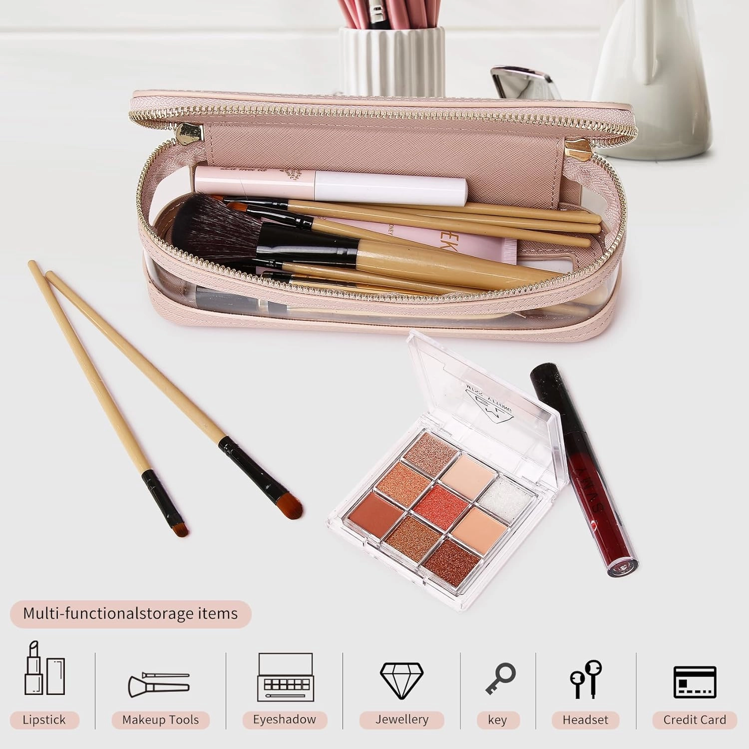 Makeup Brush Case Clear Travel Cosmetic & Toiletry Bag Slim Makeup Bag with Zipper Small Purse Organizer Car Essential Bag for Women (Pink, SLIM-1)